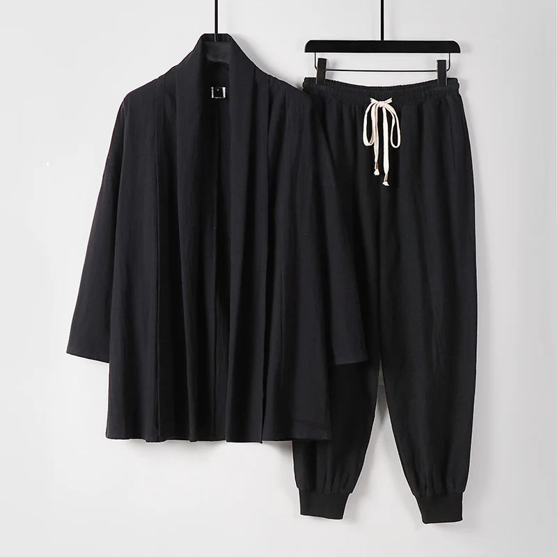 Unisex Luftiges Freizeit-Set im Kimono-Stil mit Schalkragenjacke und konisch zulaufender Joggerhose Drune