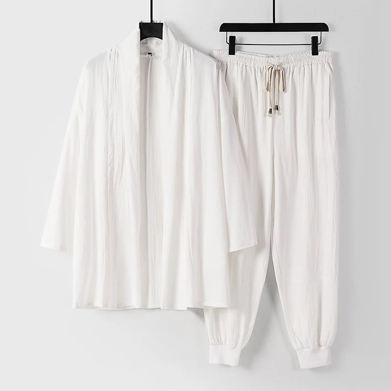 Unisex Luftiges Freizeit-Set im Kimono-Stil mit Schalkragenjacke und konisch zulaufender Joggerhose Drune