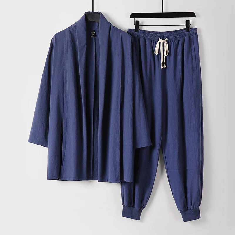Unisex Luftiges Freizeit-Set im Kimono-Stil mit Schalkragenjacke und konisch zulaufender Joggerhose Drune