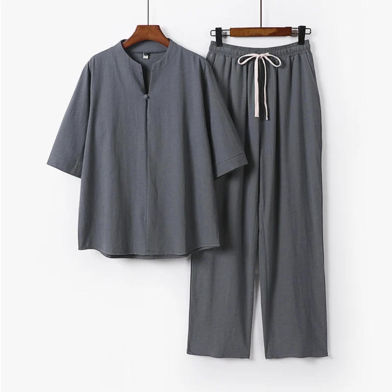 Unisex Lockeres Lounge-Set mit Stehkragen-Halbarmshirt und Elastischer Bundhose Drune
