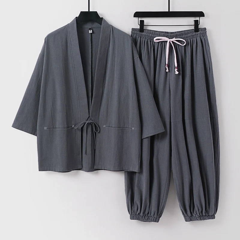 Unisex Lockeres Kimono-Loungewear-Set aus atmungsaktivem Baumwollmix mit Kordelbund und gerafften Knöcheln Drune
