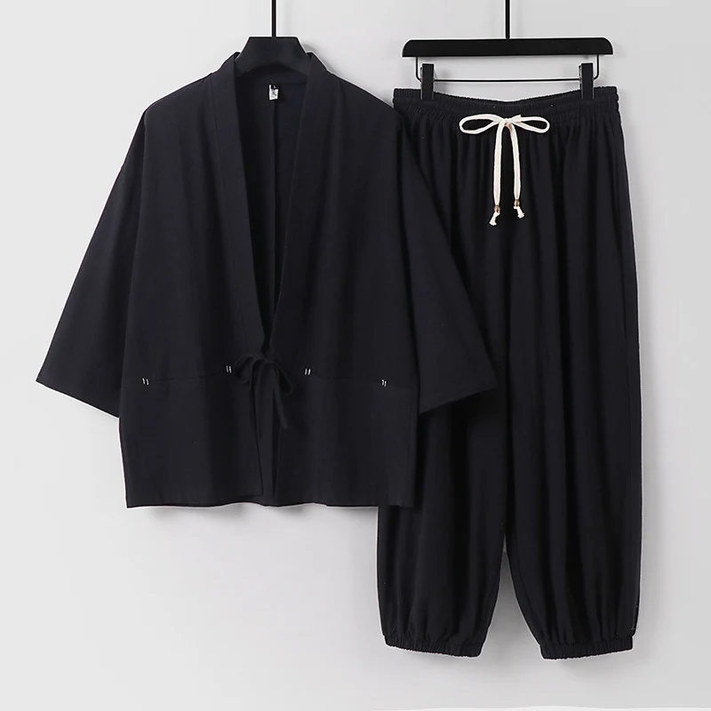 Unisex Lockeres Kimono-Loungewear-Set aus atmungsaktivem Baumwollmix mit Kordelbund und gerafften Knöcheln Drune