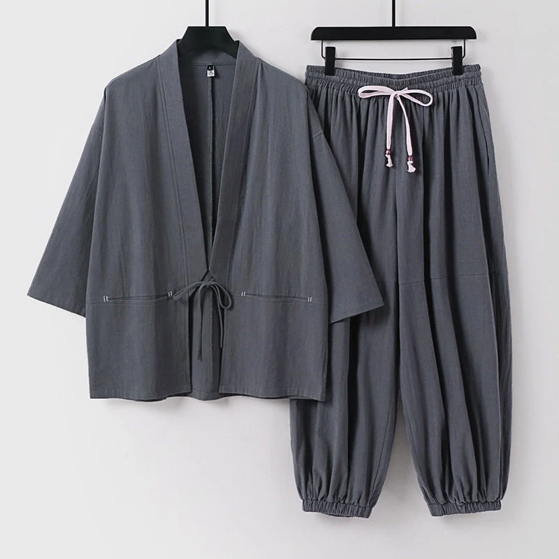 Unisex Lockeres Kimono-Loungewear-Set aus atmungsaktivem Baumwollmix mit Kordelbund und gerafften Knöcheln Drune