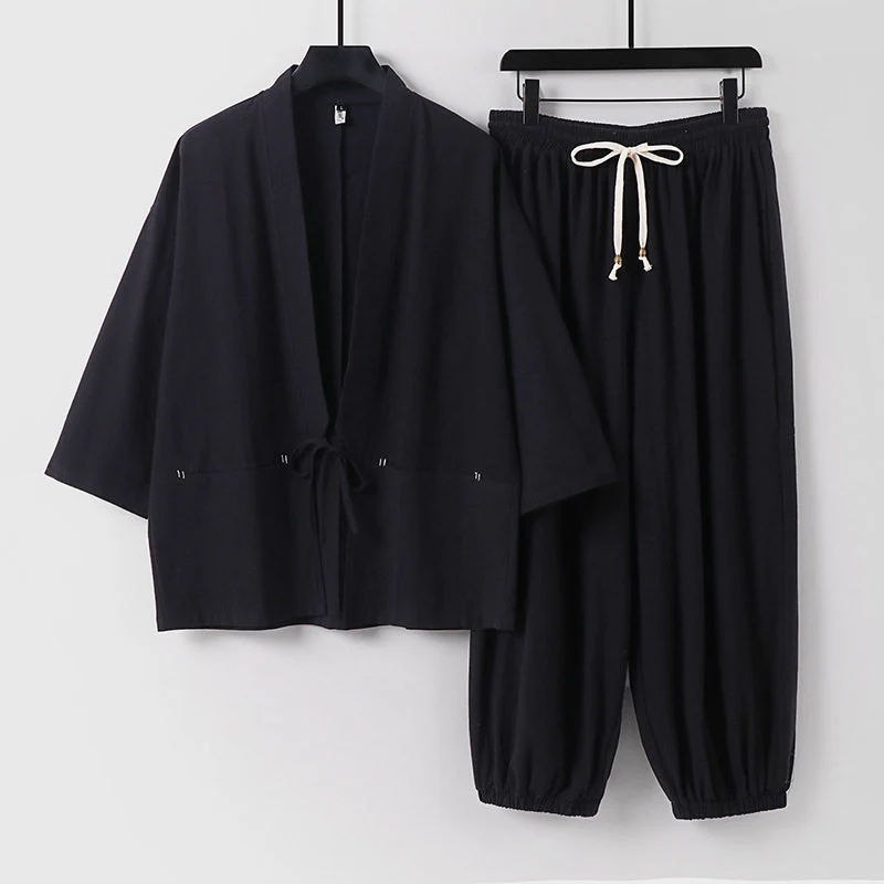 Unisex Lockeres Kimono-Loungewear-Set aus atmungsaktivem Baumwollmix mit Kordelbund und gerafften Knöcheln Drune