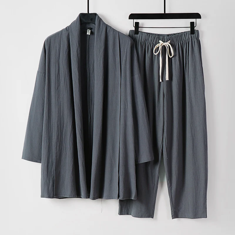 Unisex Lockeres Kimono-Lounge-Set aus leichter Baumwollmischung mit Schalkragen und Kordelbundhose Drune
