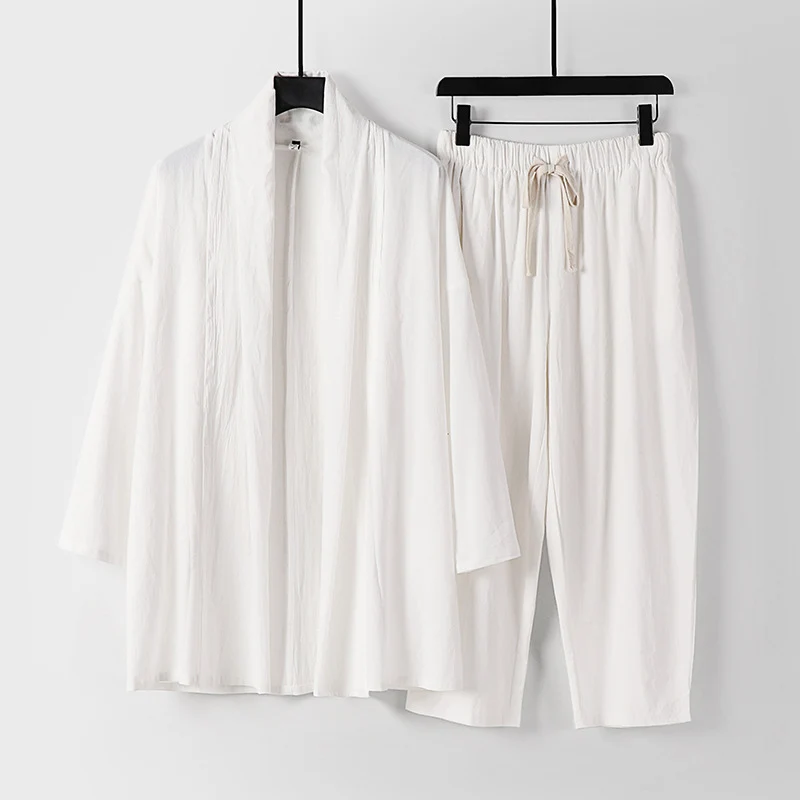 Unisex Lockeres Kimono-Lounge-Set aus leichter Baumwollmischung mit Schalkragen und Kordelbundhose Drune