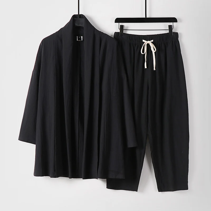 Unisex Lockeres Kimono-Lounge-Set aus leichter Baumwollmischung mit Schalkragen und Kordelbundhose Drune