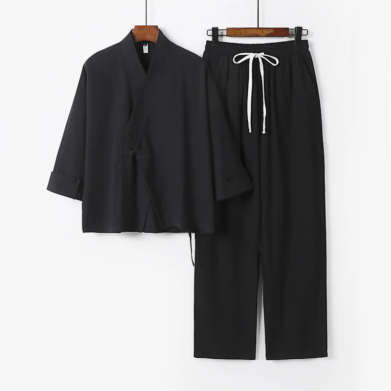 Unisex Leichtes Zen-Lounge-Set im Kimono-Stil mit überschnittener Schulter verdeckter Knotenleiste und elastischer Tunnelzughose Drune
