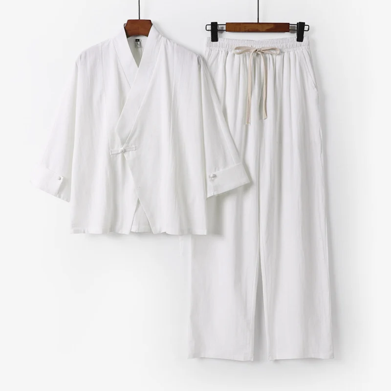 Unisex Leichtes Zen-Lounge-Set im Kimono-Stil mit überschnittener Schulter verdeckter Knotenleiste und elastischer Tunnelzughose Drune