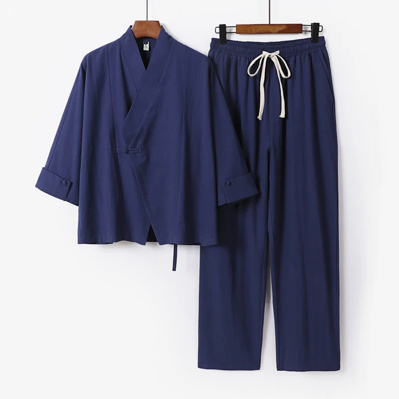 Unisex Leichtes Zen-Lounge-Set im Kimono-Stil mit überschnittener Schulter verdeckter Knotenleiste und elastischer Tunnelzughose Drune