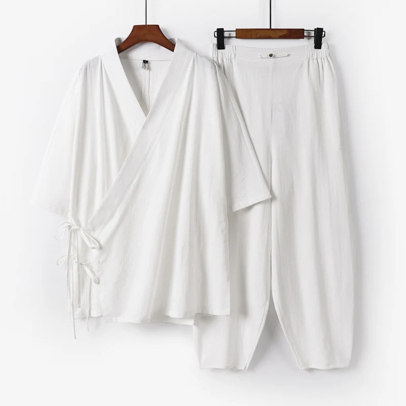 Unisex Leichtes Wickel-Lounge-Set im Kimono-Stil mit seitlichen Bindebändern und elastischer konisch zulaufender Hose Drune