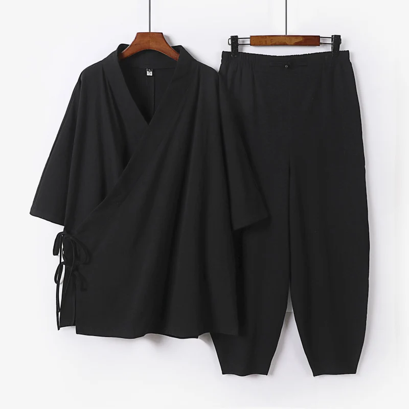 Unisex Leichtes Wickel-Lounge-Set im Kimono-Stil mit seitlichen Bindebändern und elastischer konisch zulaufender Hose Drune