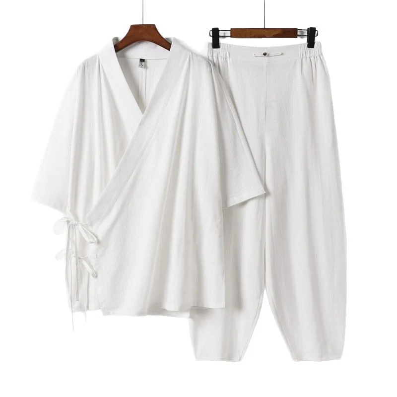 Unisex Leichtes Wickel-Lounge-Set im Kimono-Stil mit seitlichen Bindebändern und elastischer konisch zulaufender Hose Drune