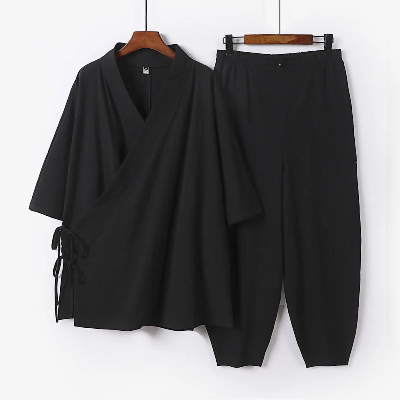 Unisex Leichtes Wickel-Lounge-Set im Kimono-Stil mit seitlichen Bindebändern und elastischer konisch zulaufender Hose Drune