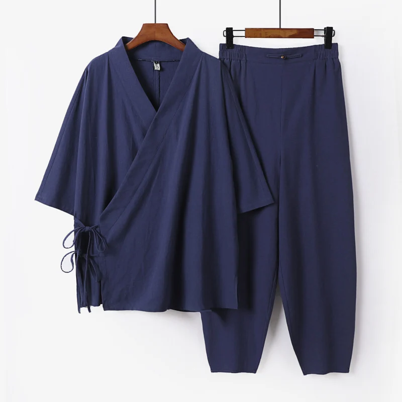 Unisex Leichtes Wickel-Lounge-Set im Kimono-Stil mit seitlichen Bindebändern und elastischer konisch zulaufender Hose Drune