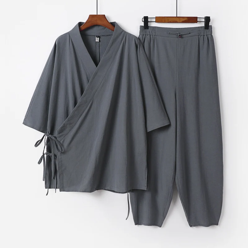 Unisex Leichtes Wickel-Lounge-Set im Kimono-Stil mit seitlichen Bindebändern und elastischer konisch zulaufender Hose Drune