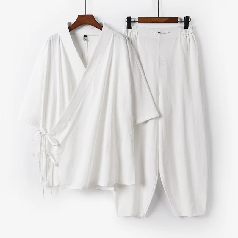 Unisex Leichtes Wickel-Lounge-Set im Kimono-Stil mit seitlichen Bindebändern und elastischer konisch zulaufender Hose Drune