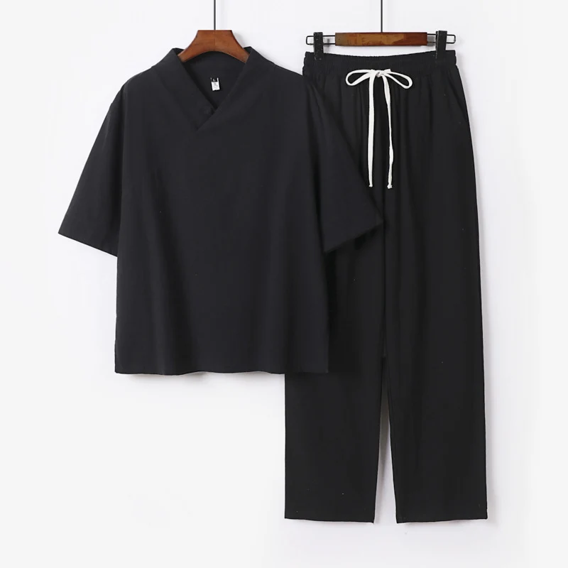 Unisex Leichtes Kimono-Loungewear-Set mit V-Ausschnitt und Tunnelzug-Hose Drune