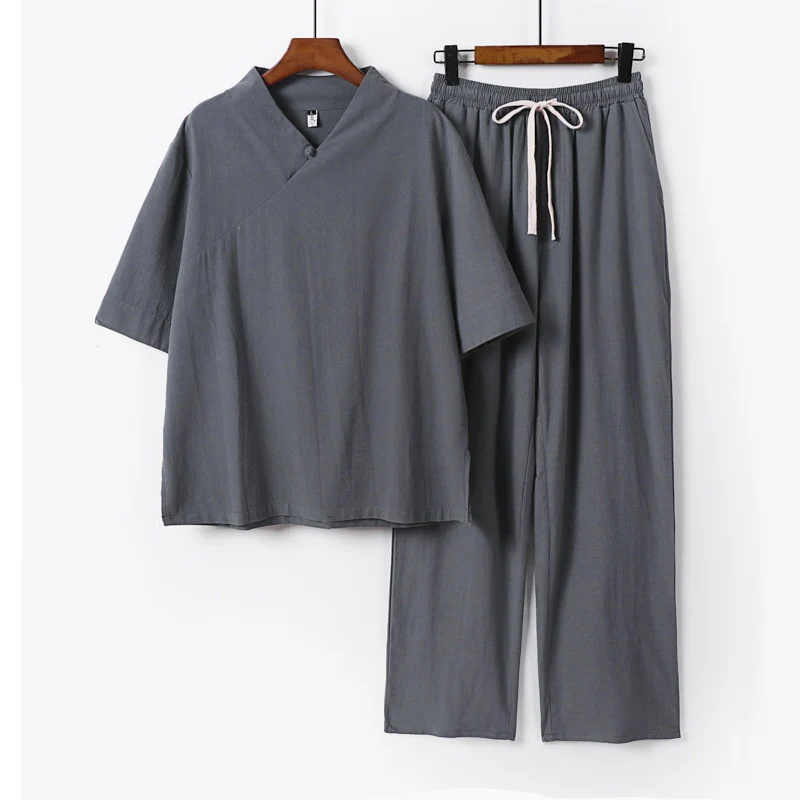 Unisex Leichtes Kimono-Loungewear-Set mit V-Ausschnitt und Tunnelzug-Hose Drune