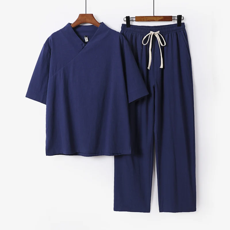 Unisex Leichtes Kimono-Loungewear-Set mit V-Ausschnitt und Tunnelzug-Hose Drune