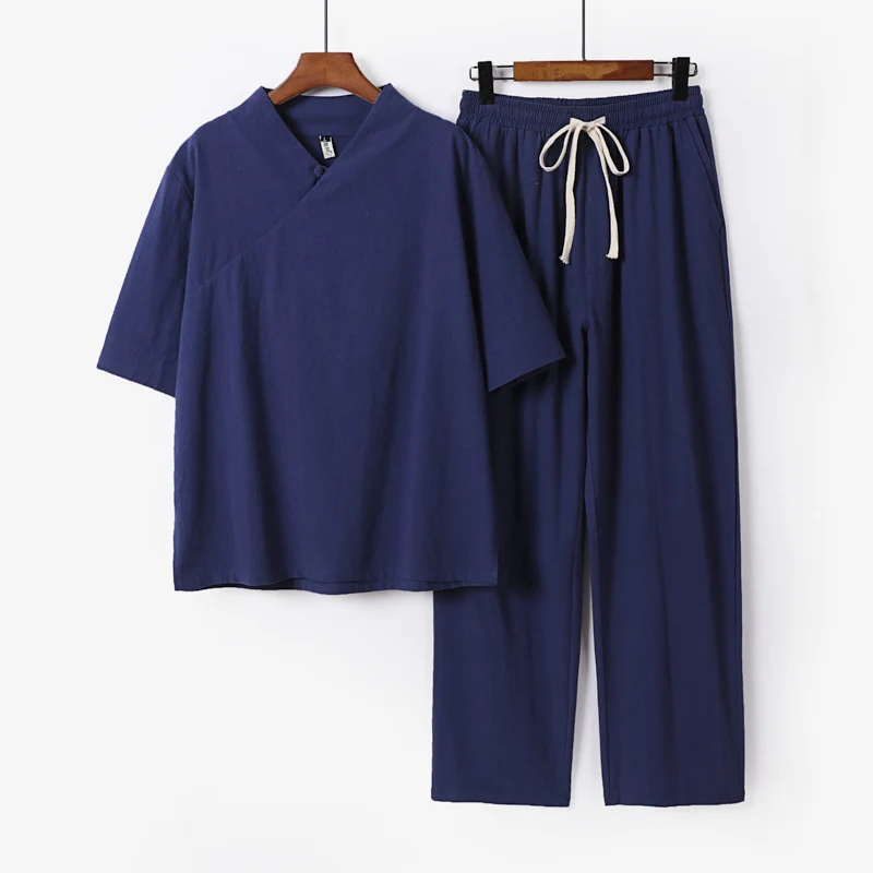 Unisex Leichtes Kimono-Loungewear-Set mit V-Ausschnitt und Tunnelzug-Hose Drune