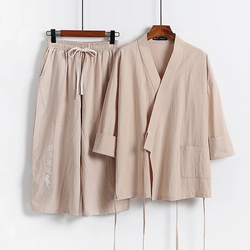 Unisex Leichtes Kimono-Loungewear-Set aus Baumwoll-Leinen mit bestickter Haremshose und Bindegürtel Drune
