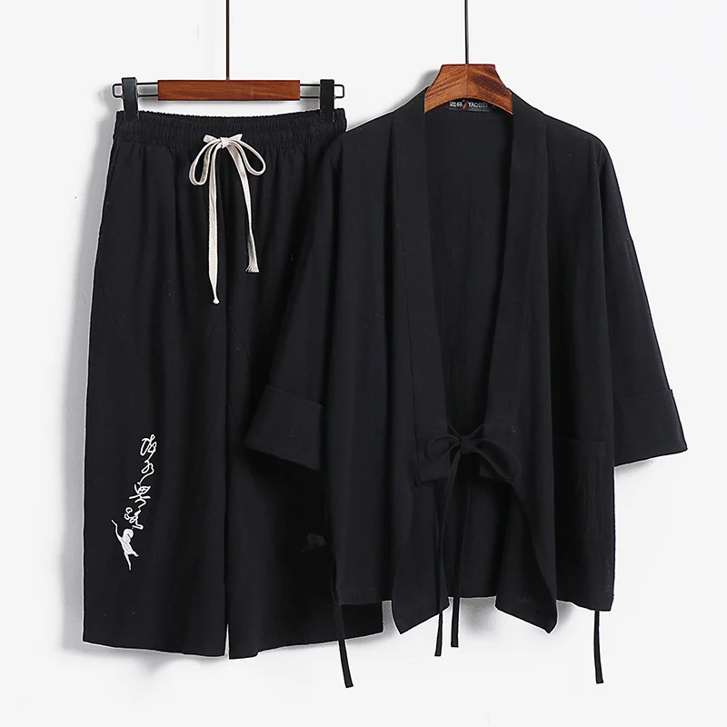 Unisex Leichtes Kimono-Loungewear-Set aus Baumwoll-Leinen mit bestickter Haremshose und Bindegürtel Drune