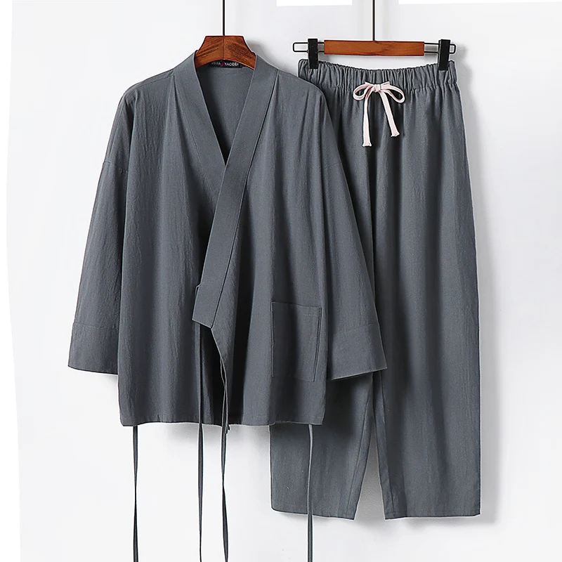 Unisex Leichtes Kimono-Lounge-Set aus weichfallendem Baumwoll-Mix mit Tunnelzughose Drune