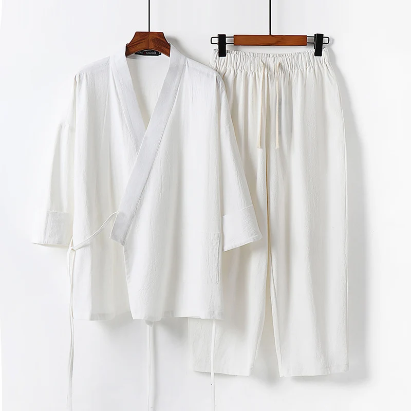 Unisex Leichtes Kimono-Lounge-Set aus weichfallendem Baumwoll-Mix mit Tunnelzughose Drune