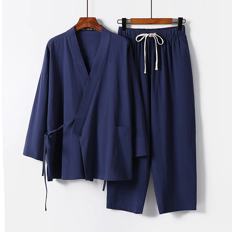 Unisex Leichtes Kimono-Lounge-Set aus weichfallendem Baumwoll-Mix mit Tunnelzughose Drune