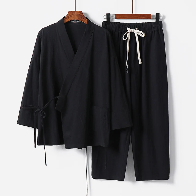 Unisex Leichtes Kimono-Lounge-Set aus weichfallendem Baumwoll-Mix mit Tunnelzughose Drune