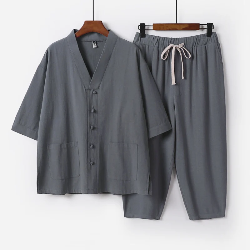Unisex Leichtes Kimono-Lounge-Set aus Baumwoll-Leinen mit Kurzarmjacke und Kordelbund-Hose Drune
