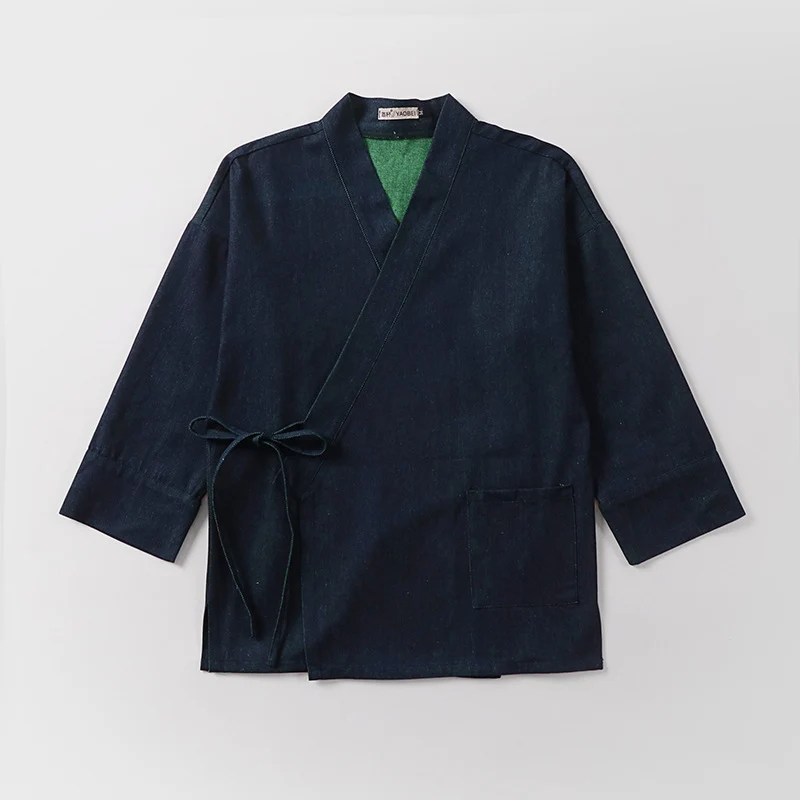 Unisex Leichte Wickel-Kimono-Jacke aus Leinen-Baumwollmix mit Kontrastbesatz und Bindegürtel Drune