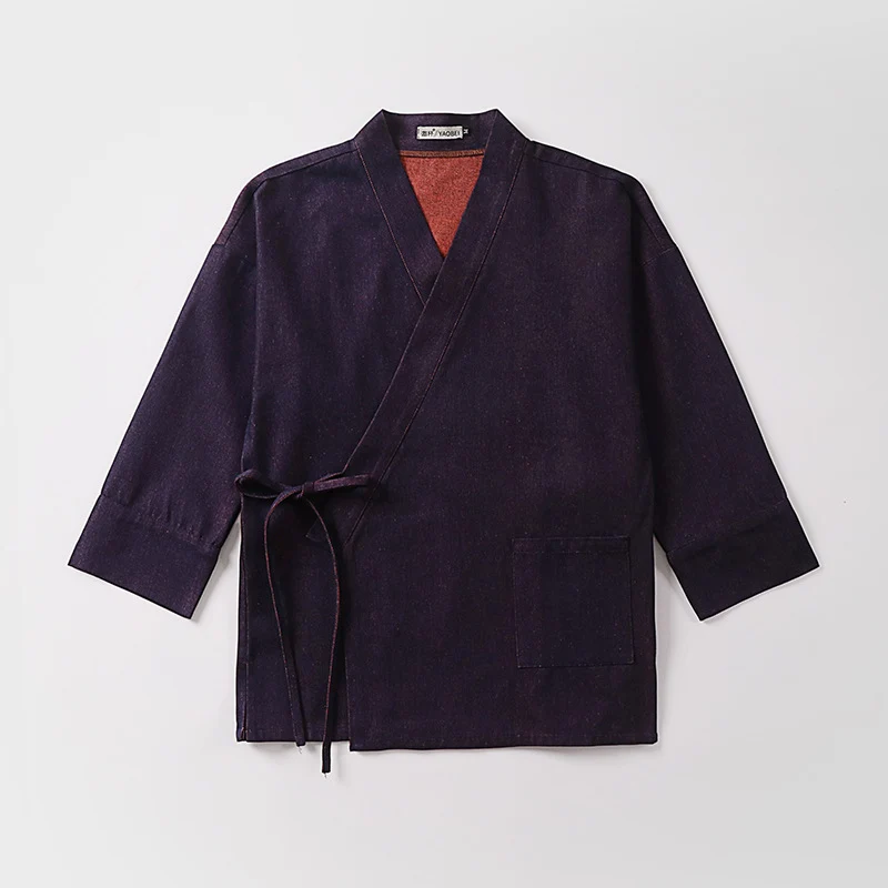 Unisex Leichte Wickel-Kimono-Jacke aus Leinen-Baumwollmix mit Kontrastbesatz und Bindegürtel Drune