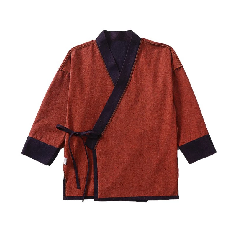 Unisex Leichte Wickel-Kimono-Jacke aus Leinen-Baumwollmix mit Kontrastbesatz und Bindegürtel Drune