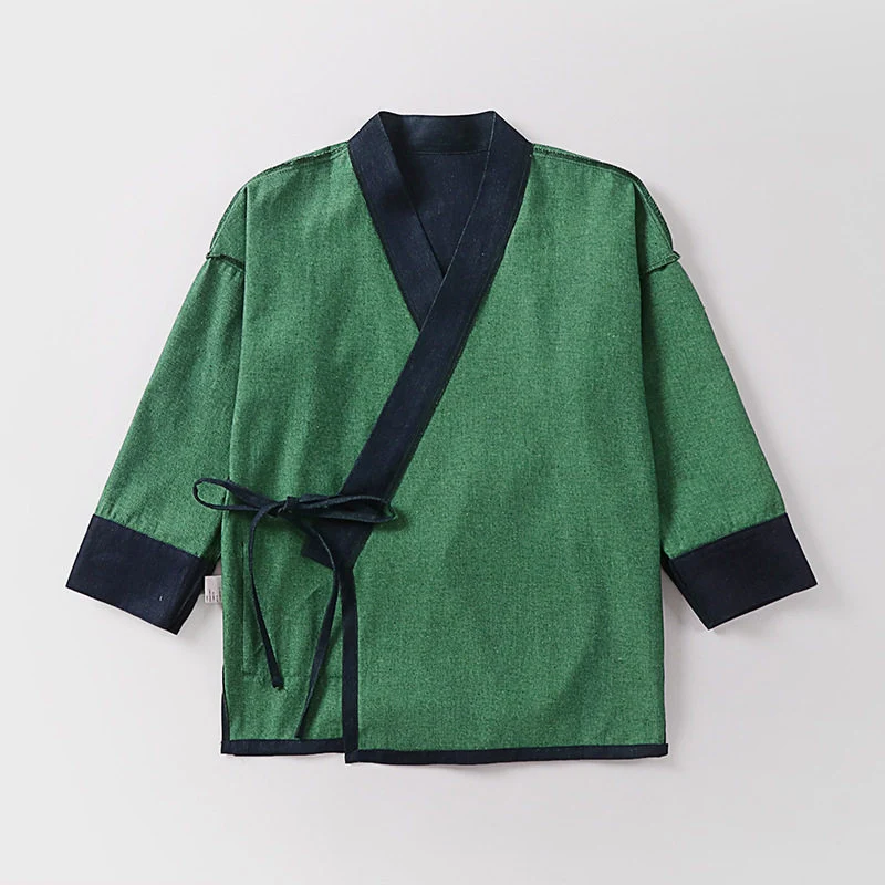 Unisex Leichte Wickel-Kimono-Jacke aus Leinen-Baumwollmix mit Kontrastbesatz und Bindegürtel Drune