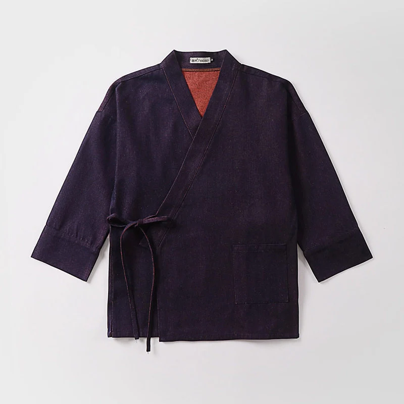 Unisex Leichte Wickel-Kimono-Jacke aus Leinen-Baumwollmix mit Kontrastbesatz und Bindegürtel Drune