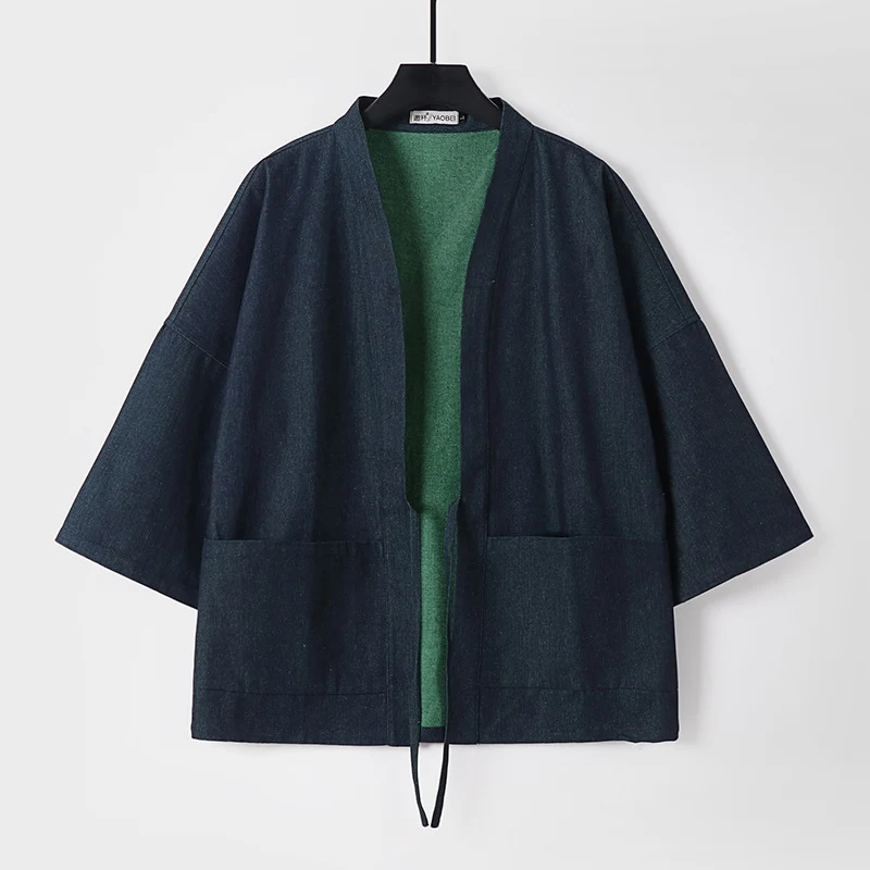 Unisex Leichte Denim-Kimono-Jacke mit kontrastfutter und Bindeband Drune