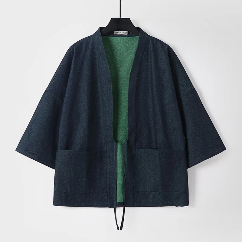Unisex Leichte Denim-Kimono-Jacke mit kontrastfutter und Bindeband Drune