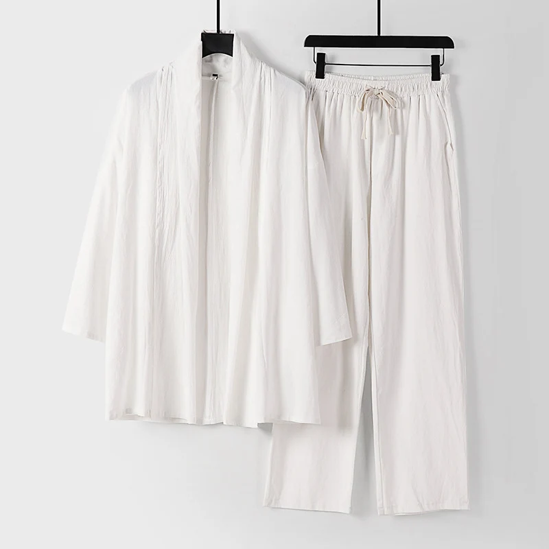 Unisex Lässiges Kimono-Zweiteiler aus atmungsaktivem Leinen-Viskose mit offenem Schalkragen und Kordelbundhose Drune