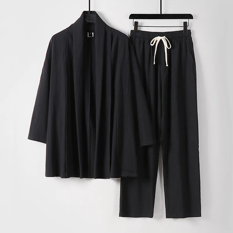 Unisex Lässiges Kimono-Zweiteiler aus atmungsaktivem Leinen-Viskose mit offenem Schalkragen und Kordelbundhose Drune