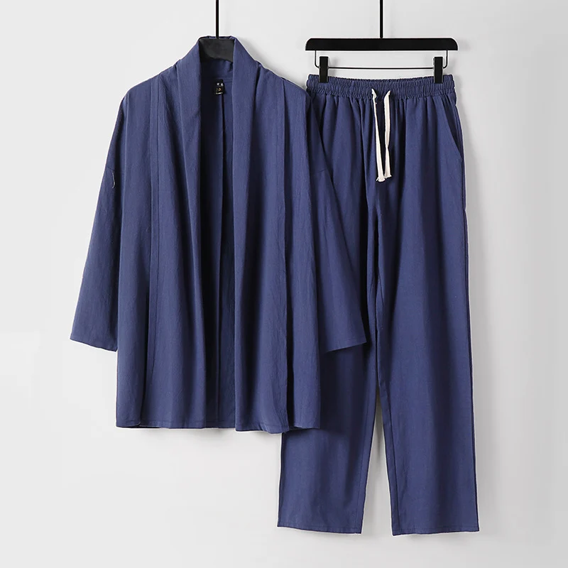 Unisex Lässiges Kimono-Zweiteiler aus atmungsaktivem Leinen-Viskose mit offenem Schalkragen und Kordelbundhose Drune