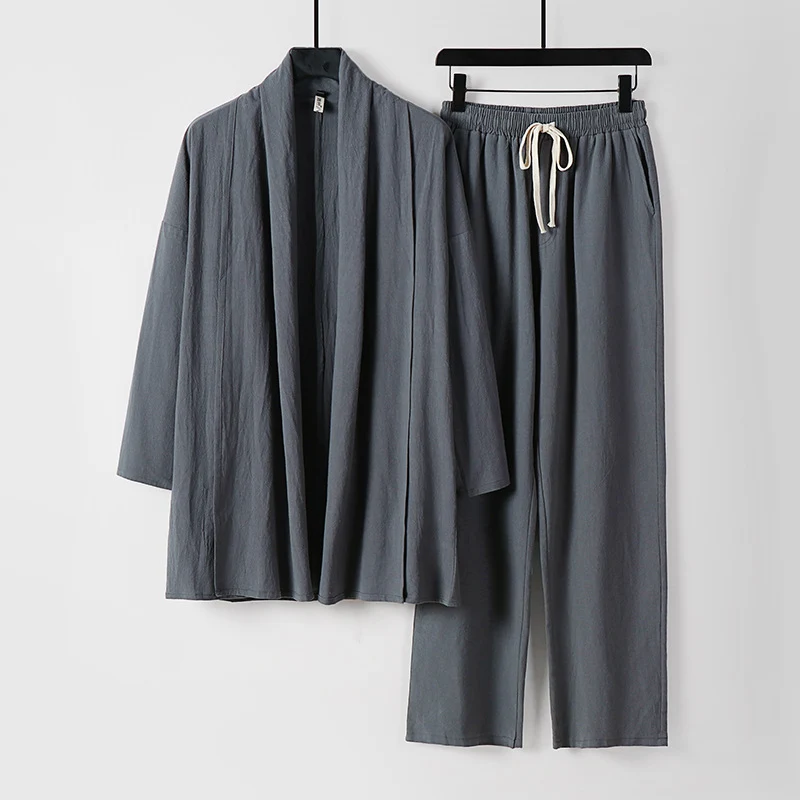 Unisex Lässiges Kimono-Zweiteiler aus atmungsaktivem Leinen-Viskose mit offenem Schalkragen und Kordelbundhose Drune