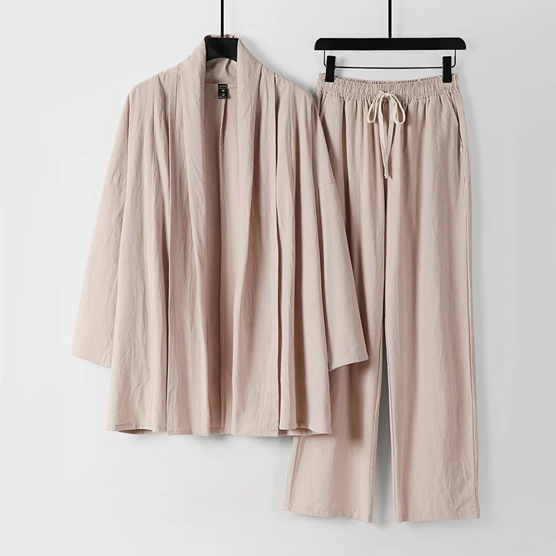 Unisex Lässiges Kimono-Zweiteiler aus atmungsaktivem Leinen-Viskose mit offenem Schalkragen und Kordelbundhose Drune