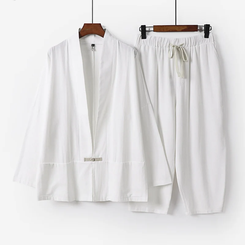 Unisex Lässiges Kimono-Loungewear-Set aus leichtem Leinenmix mit Kordelbundhose Drune