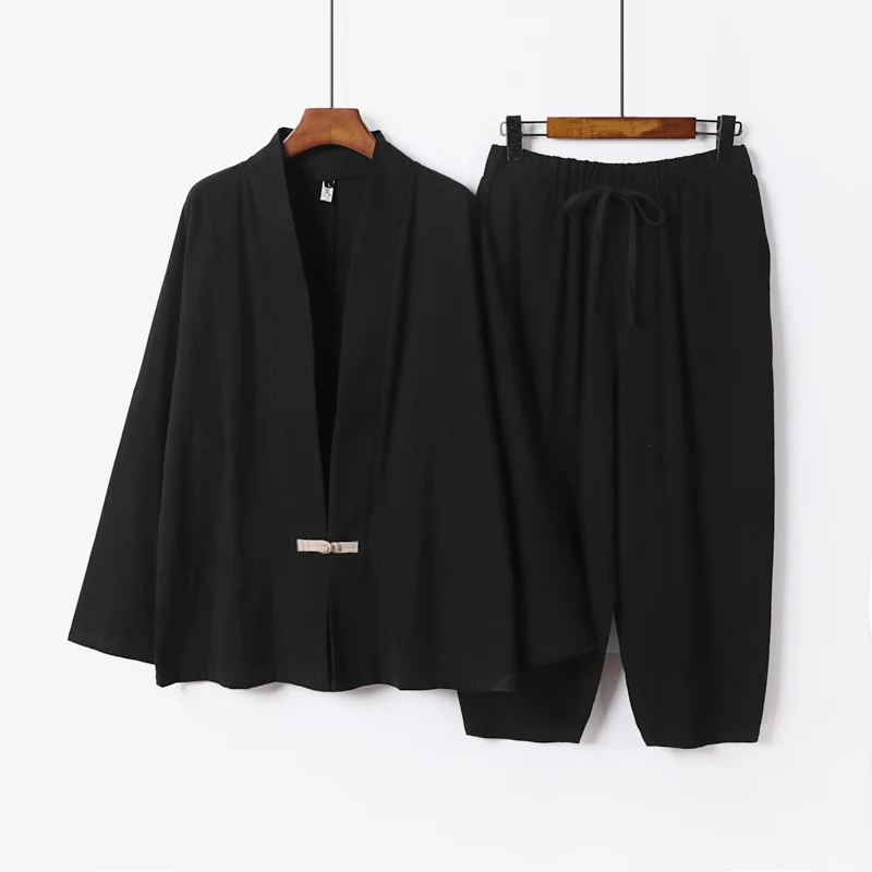 Unisex Lässiges Kimono-Loungewear-Set aus leichtem Leinenmix mit Kordelbundhose Drune