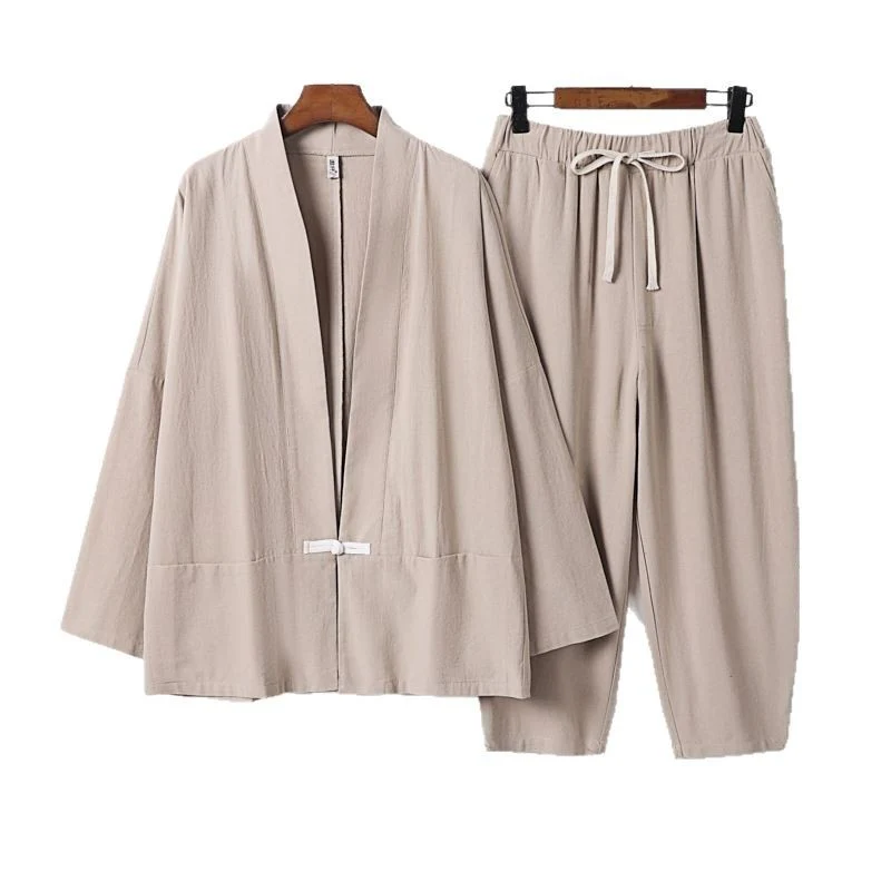 Unisex Lässiges Kimono-Loungewear-Set aus leichtem Leinenmix mit Kordelbundhose Drune