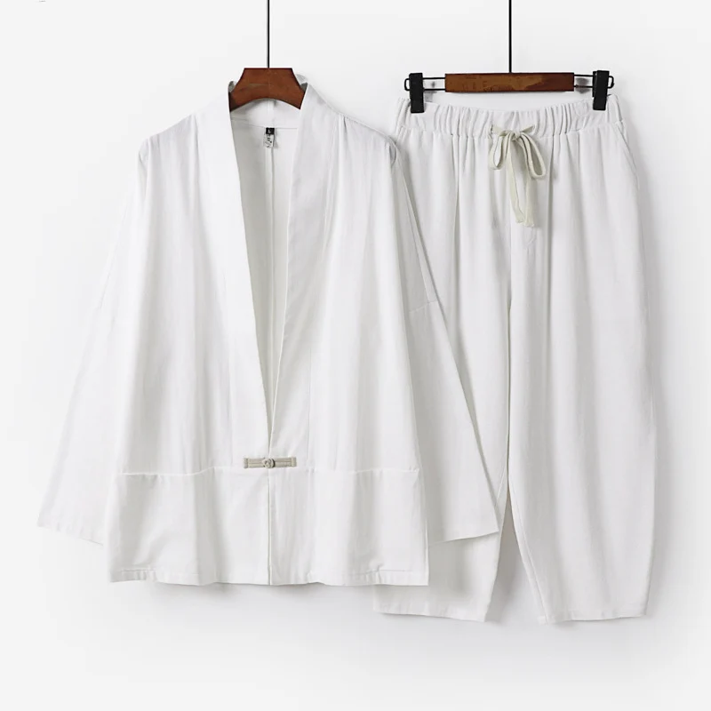Unisex Lässiges Kimono-Loungewear-Set aus leichtem Leinenmix mit Kordelbundhose Drune