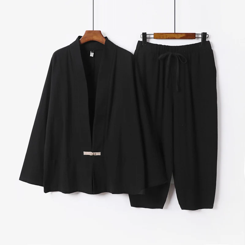 Unisex Lässiges Kimono-Loungewear-Set aus leichtem Leinenmix mit Kordelbundhose Drune