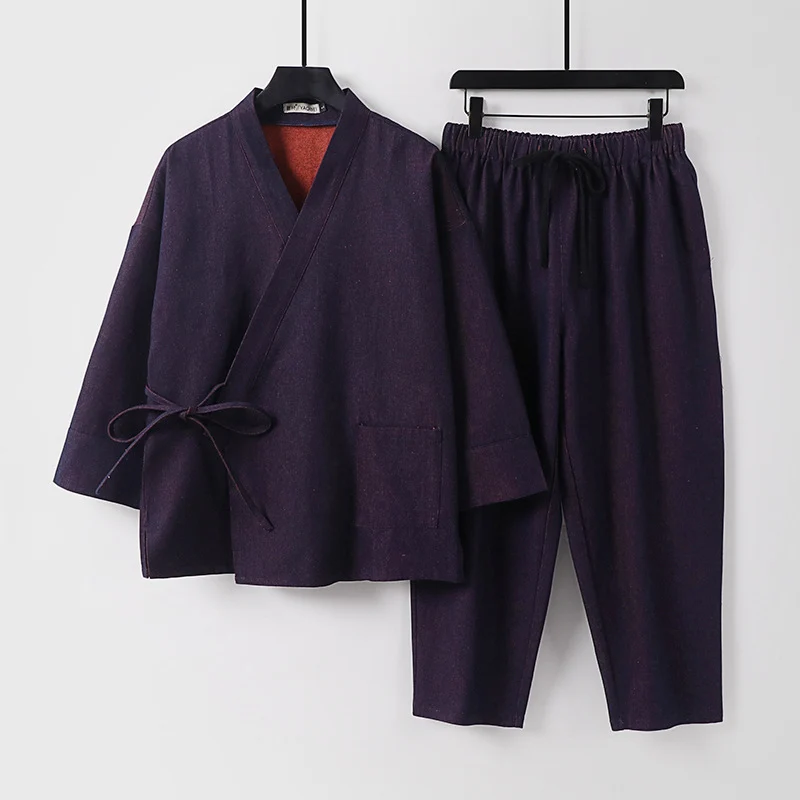 Unisex Lässiges Denim-Kimono-Set mit kurzarm Jacke, Bindeband und elastischer Bundhose Drune